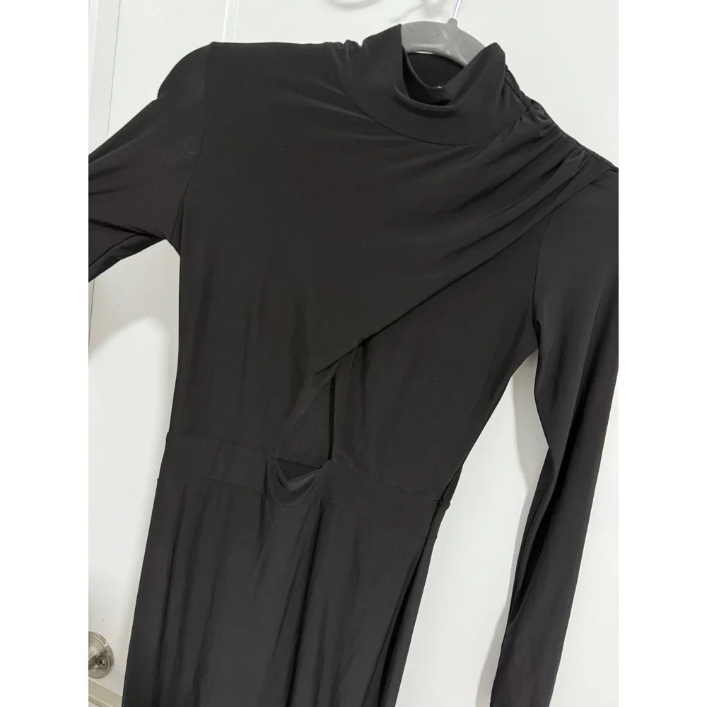 Miss Blush Black Bodycon Midi Dress Long Sleeve Mock Neck Cut‎ Out Party